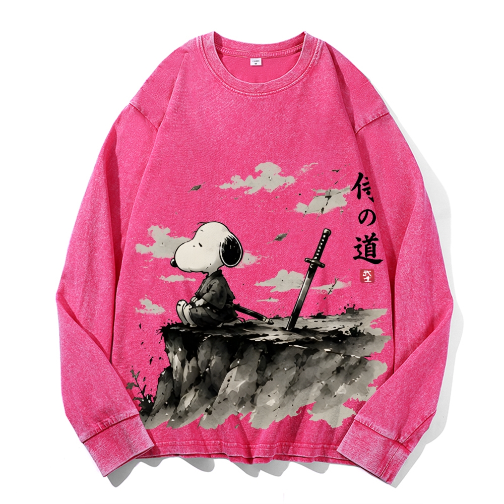 Samurai Style Peanuts Vintage Cotton Wash Crewneck Long-Sleeve T-Shirt