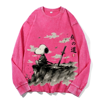 Samurai Style Peanuts Vintage Cotton Wash Crewneck Long-Sleeve T-Shirt