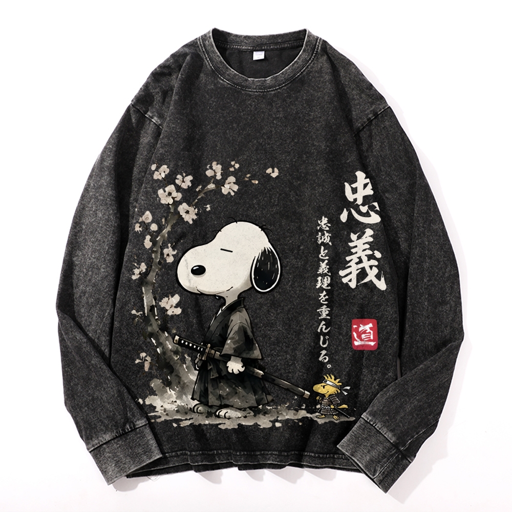 Samurai Style Sakura Peanuts Vintage Cotton Wash Crewneck Long-Sleeve T-Shirt