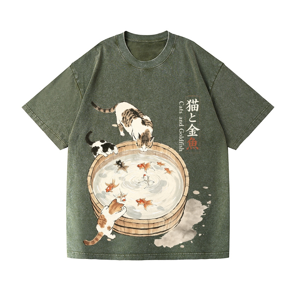Ink Style Cat Koi Vintage Wash Japanese Design T-Shirt