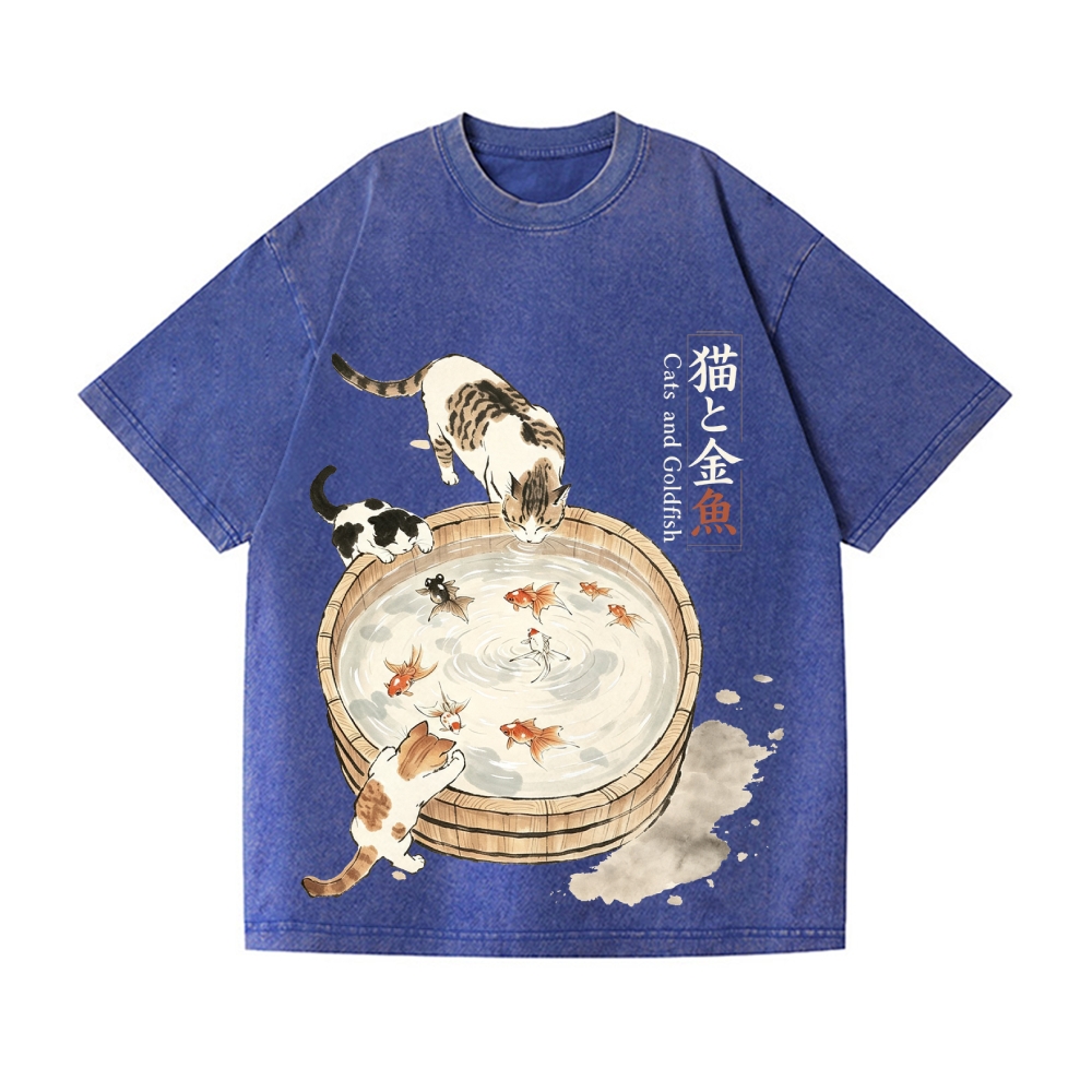 Ink Style Cat Koi Vintage Wash Japanese Design T-Shirt