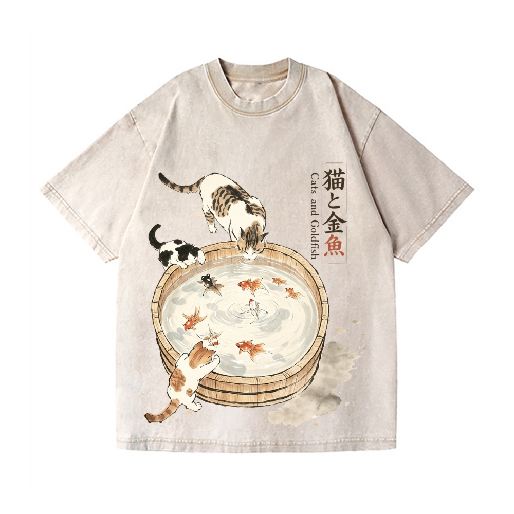 Ink Style Cat Koi Vintage Wash Japanese Design T-Shirt