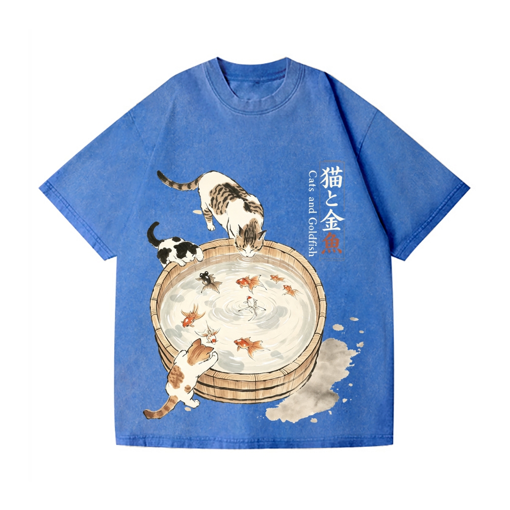 Ink Style Cat Koi Vintage Wash Japanese Design T-Shirt