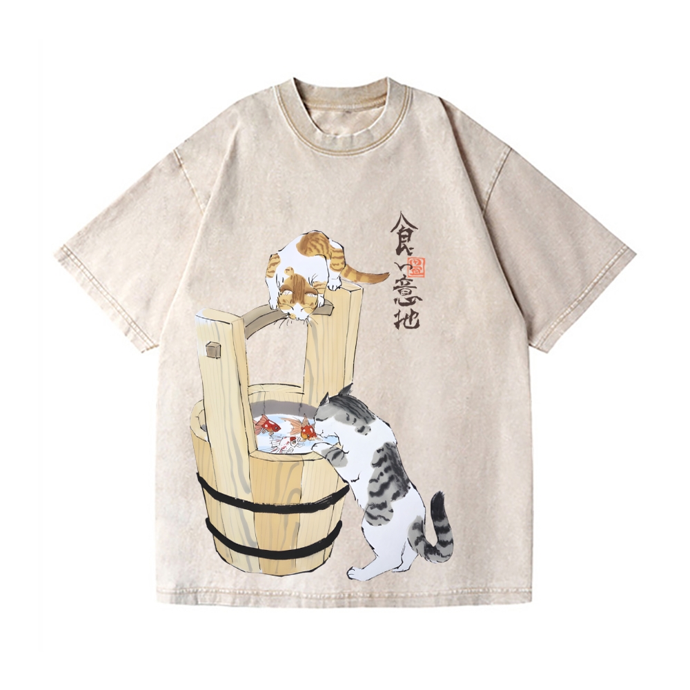 Ink Style Cat Koi Vintage Wash Japanese Design T-Shirt
