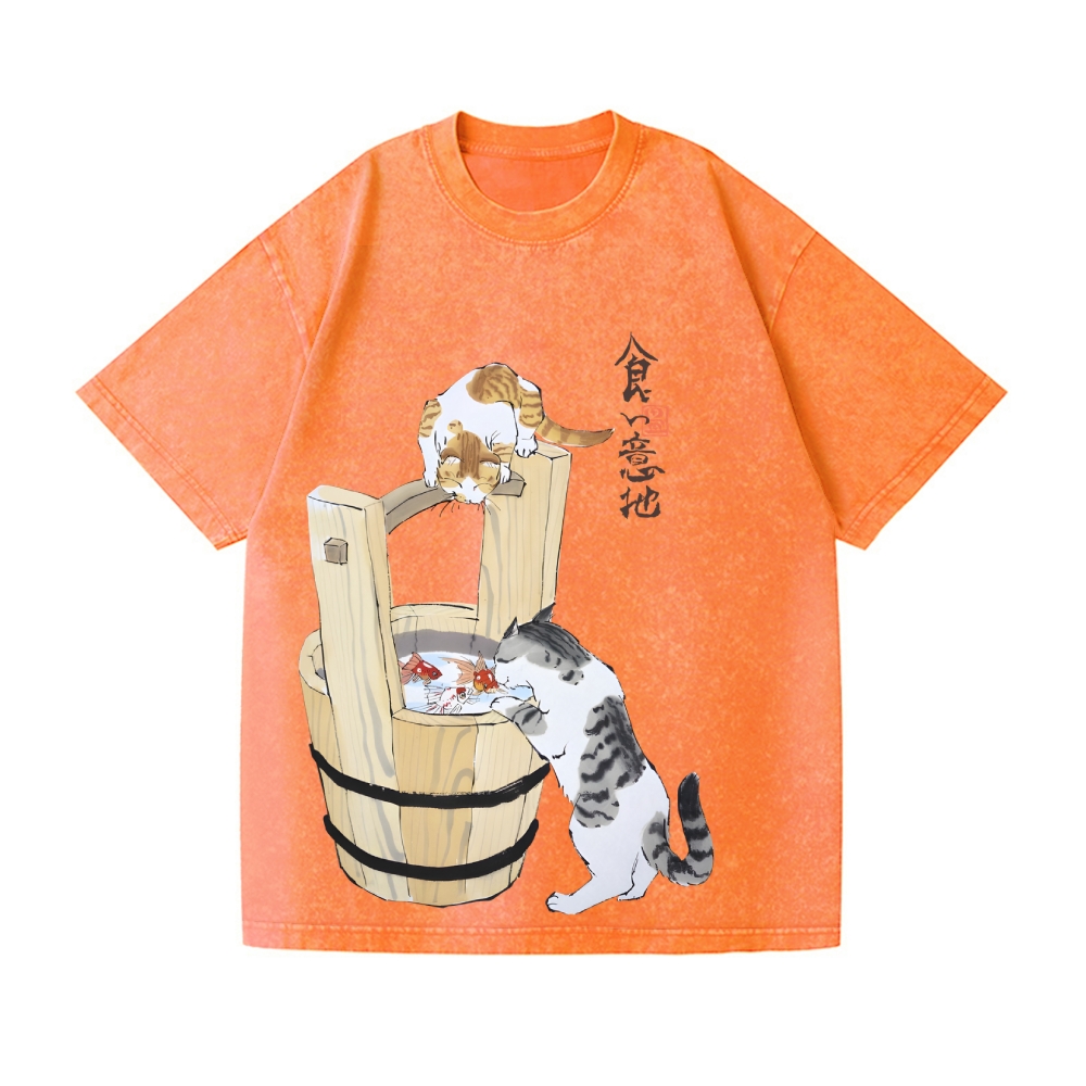 Ink Style Cat Koi Vintage Wash Japanese Design T-Shirt