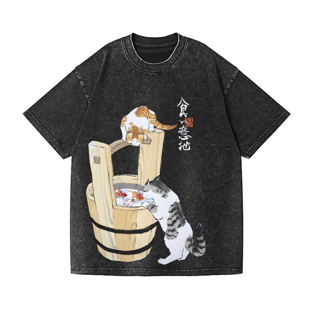 Ink Style Cat Koi Vintage Wash Japanese Design T-Shirt