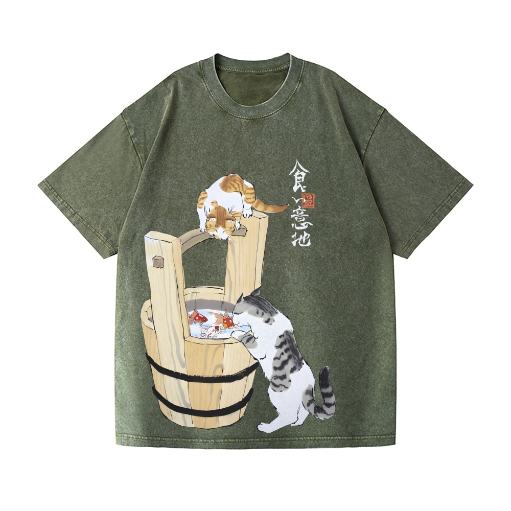 Ink Style Cat Koi Vintage Wash Japanese Design T-Shirt