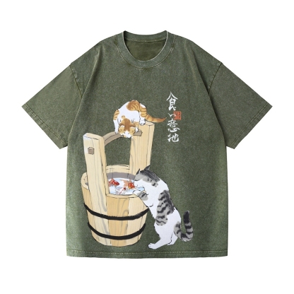 Ink Style Cat Koi Vintage Wash Japanese Design T-Shirt