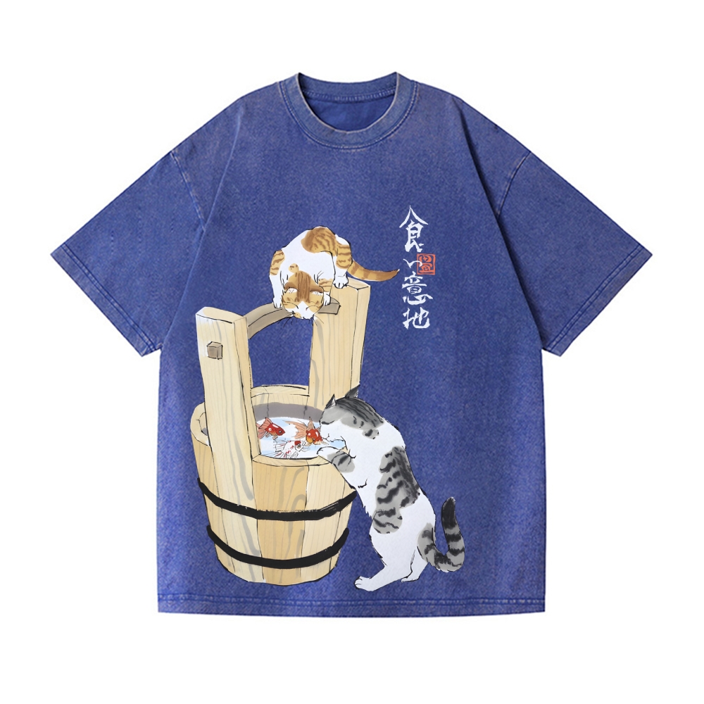 Ink Style Cat Koi Vintage Wash Japanese Design T-Shirt