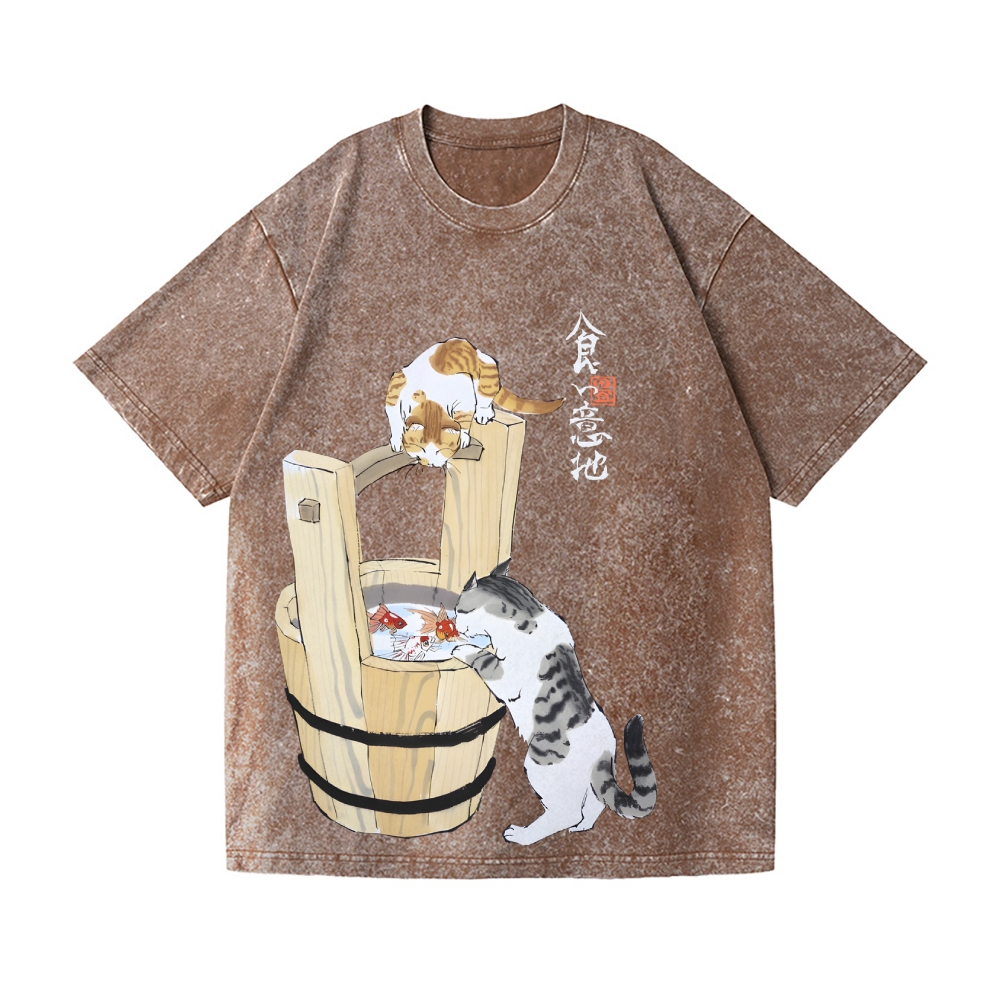 Ink Style Cat Koi Vintage Wash Japanese Design T-Shirt
