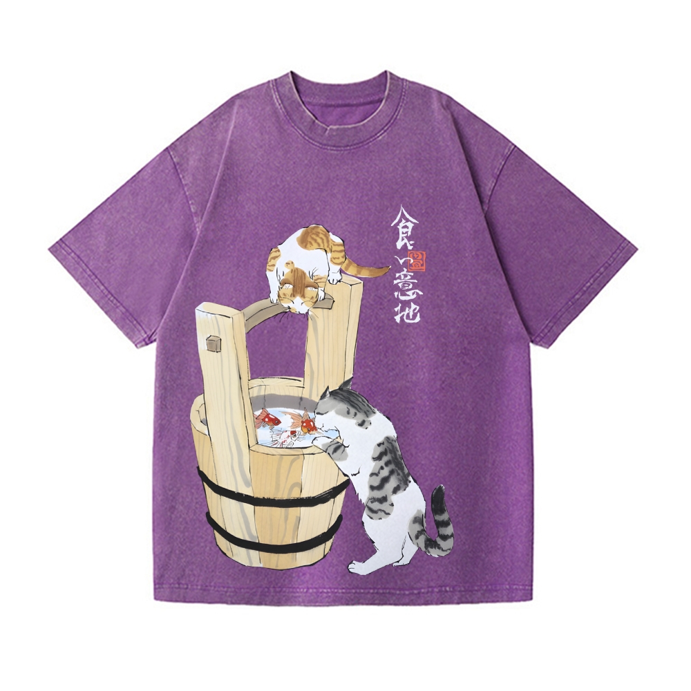 Ink Style Cat Koi Vintage Wash Japanese Design T-Shirt
