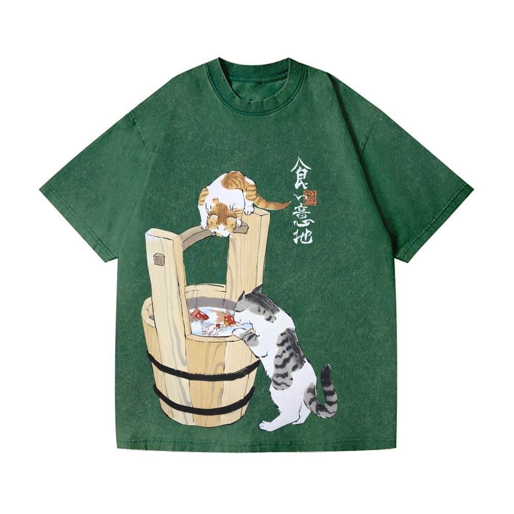 Ink Style Cat Koi Vintage Wash Japanese Design T-Shirt