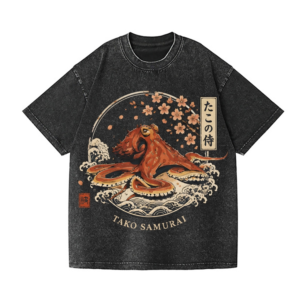 Sakura Octopus Vintage Wash Japanese Design T-Shirt