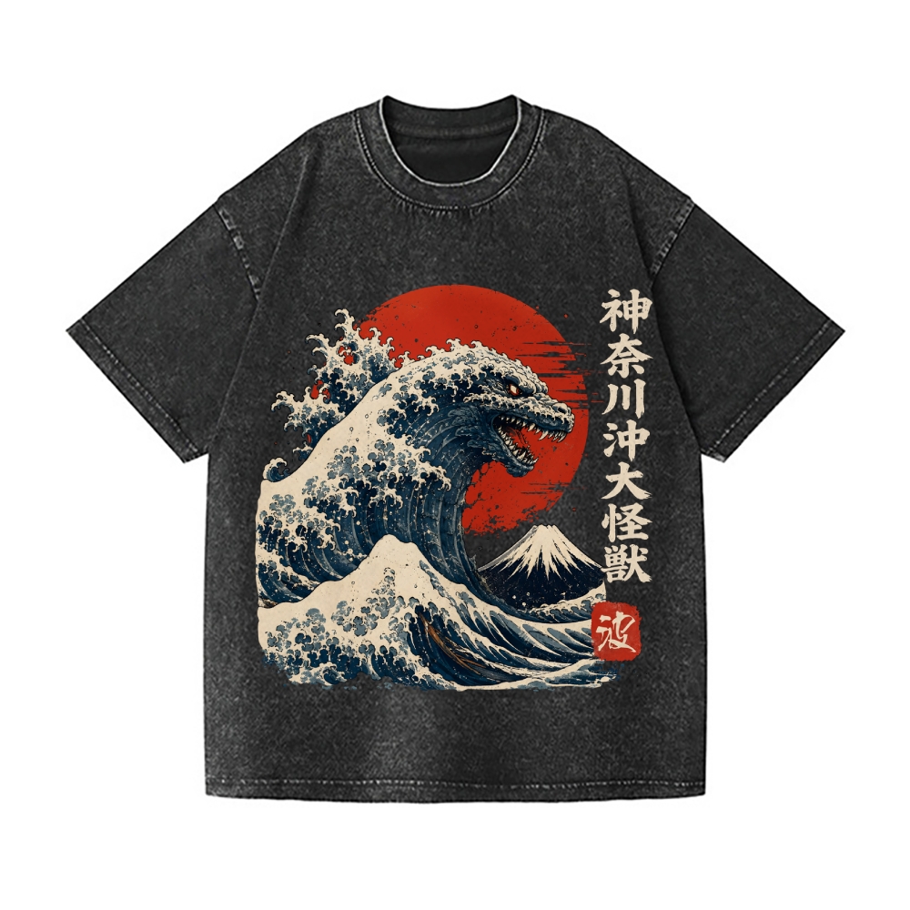 Ukiyoe Wave Kaiju Vintage Wash Japanese Design T-Shirt
