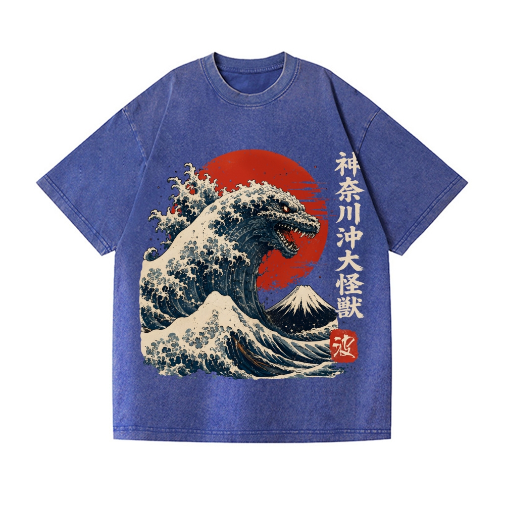 Ukiyoe Wave Kaiju Vintage Wash Japanese Design T-Shirt
