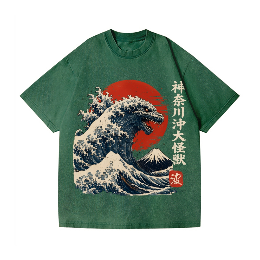 Ukiyoe Wave Kaiju Vintage Wash Japanese Design T-Shirt