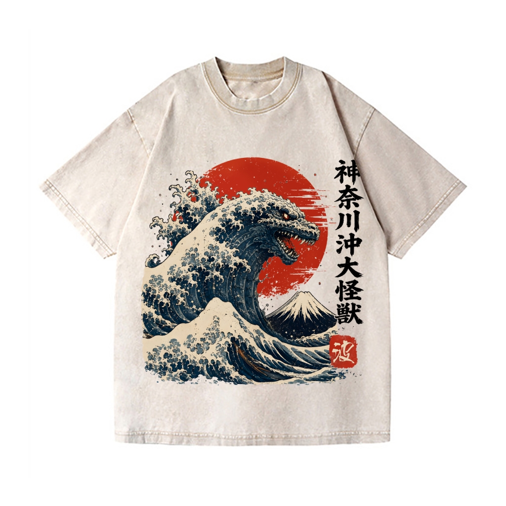 Ukiyoe Wave Kaiju Vintage Wash Japanese Design T-Shirt