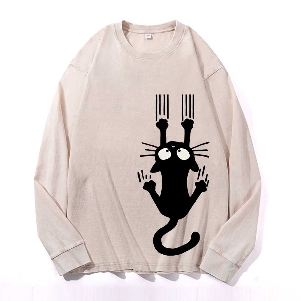 Playful Cat Vintage Cotton Wash Crewneck Long-Sleeve T-Shirt