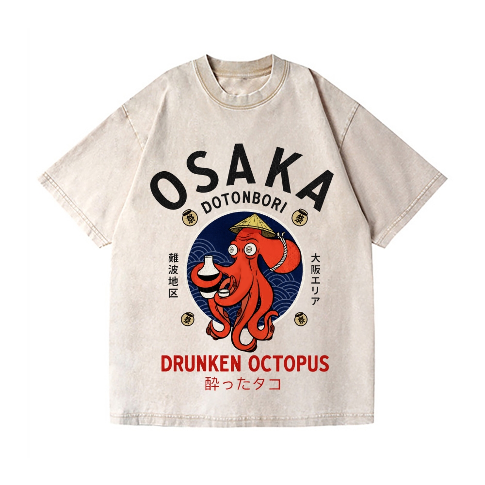 Osaka Samurai Style Drunk Octopus Vintage Wash Japanese Design T-Shirt