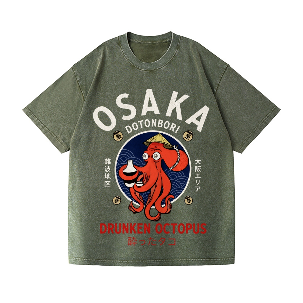 Osaka Samurai Style Drunk Octopus Vintage Wash Japanese Design T-Shirt