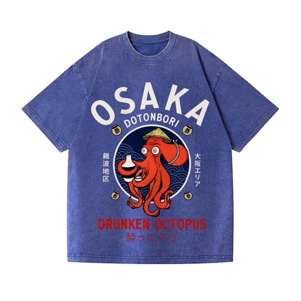 Osaka Samurai Style Drunk Octopus Vintage Wash Japanese Design T-Shirt