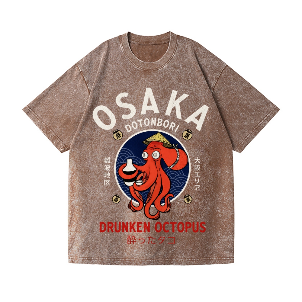 Osaka Samurai Style Drunk Octopus Vintage Wash Japanese Design T-Shirt