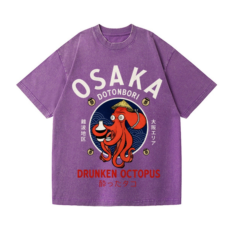 Osaka Samurai Style Drunk Octopus Vintage Wash Japanese Design T-Shirt