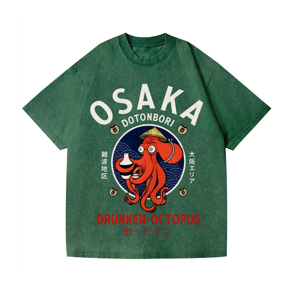 Osaka Samurai Style Drunk Octopus Vintage Wash Japanese Design T-Shirt