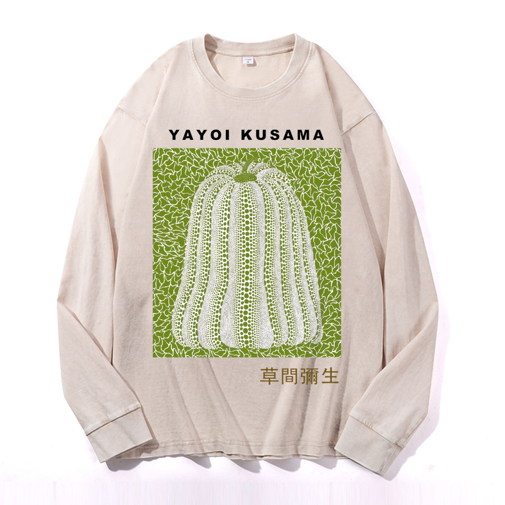 Yayoi Kusama Pumpkin Vintage Cotton Wash Crewneck Long-Sleeve T-Shirt