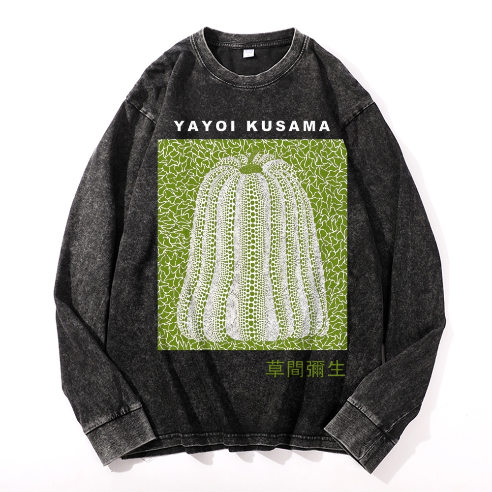 Yayoi Kusama Pumpkin Vintage Cotton Wash Crewneck Long-Sleeve T-Shirt