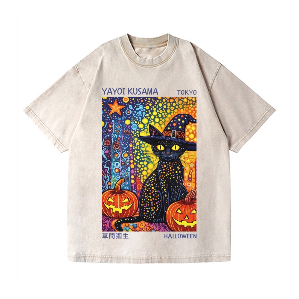 Halloween Yayoi Kusama Pumpkin Witch Cat Vintage Wash Japanese Design T-Shirt