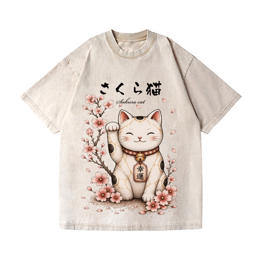 Sakura Lucky Cat Vintage Wash Japanese Design T-Shirt