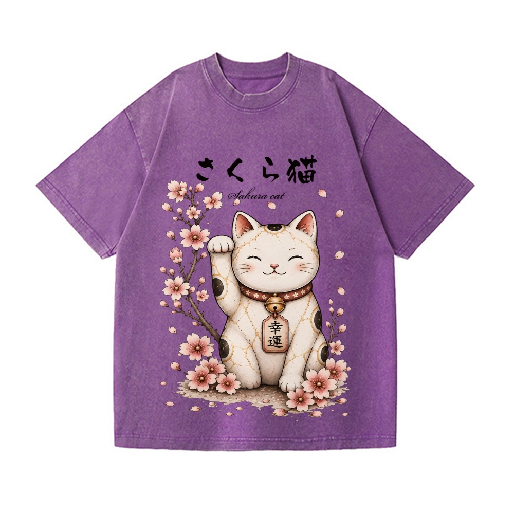 Sakura Lucky Cat Vintage Wash Japanese Design T-Shirt