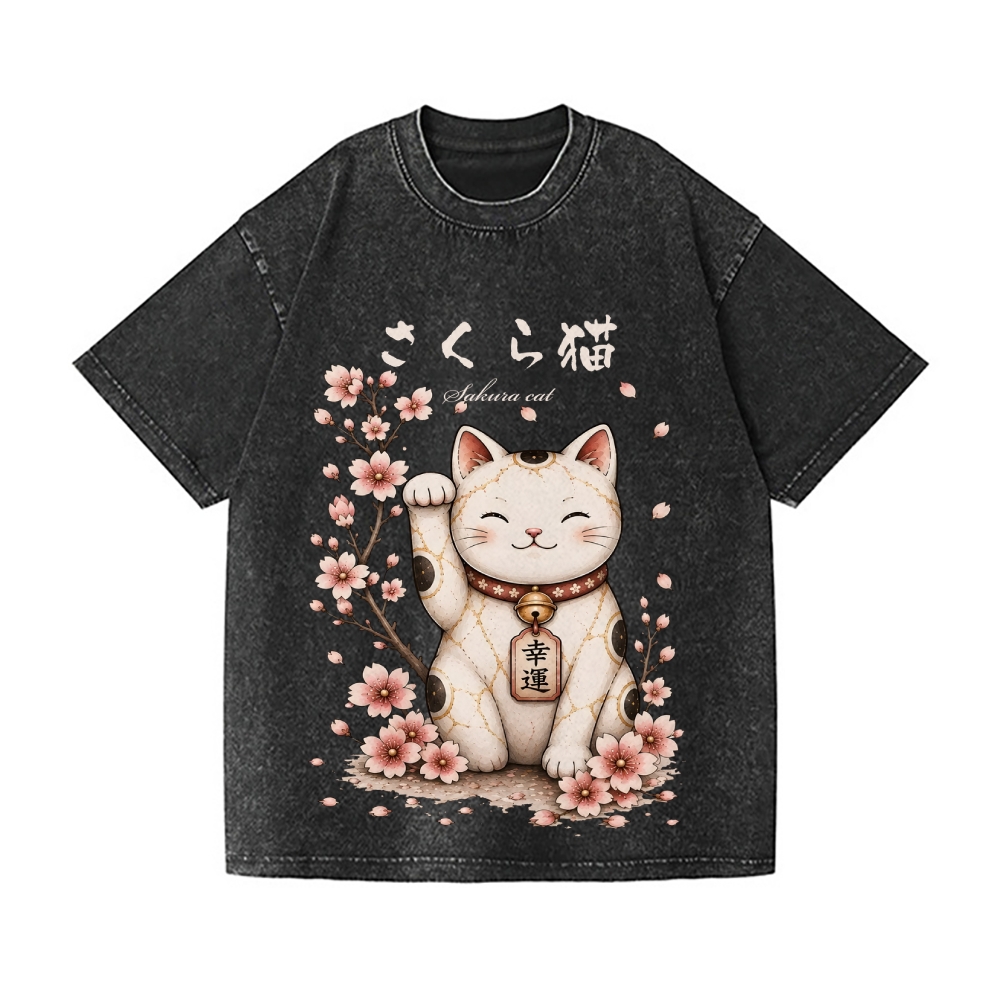 Sakura Lucky Cat Vintage Wash Japanese Design T-Shirt
