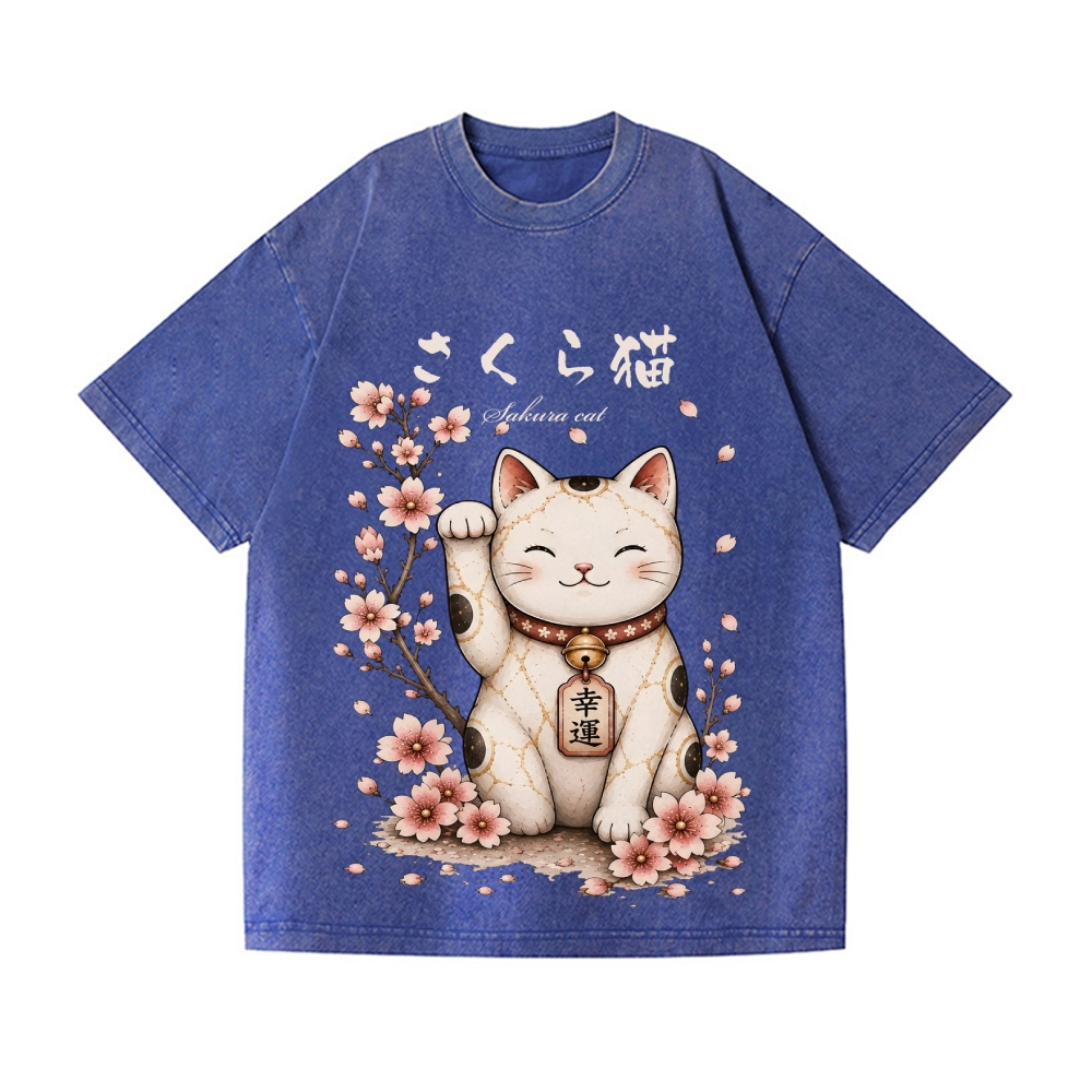 Sakura Lucky Cat Vintage Wash Japanese Design T-Shirt