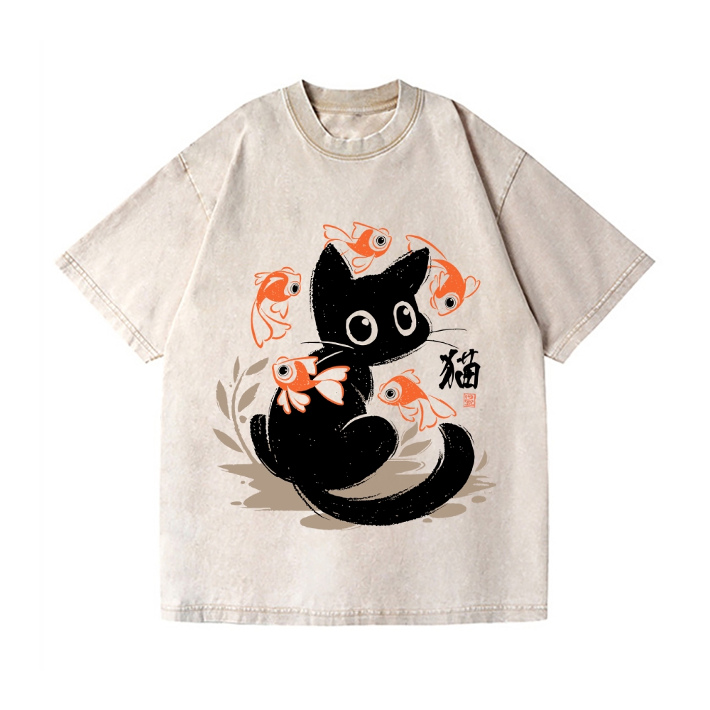 Koi Black Cat Vintage Wash Japanese Design T-Shirt
