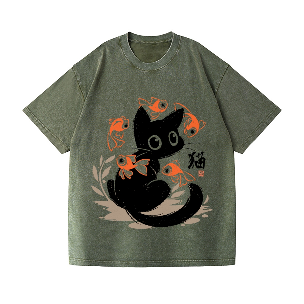 Koi Black Cat Vintage Wash Japanese Design T-Shirt