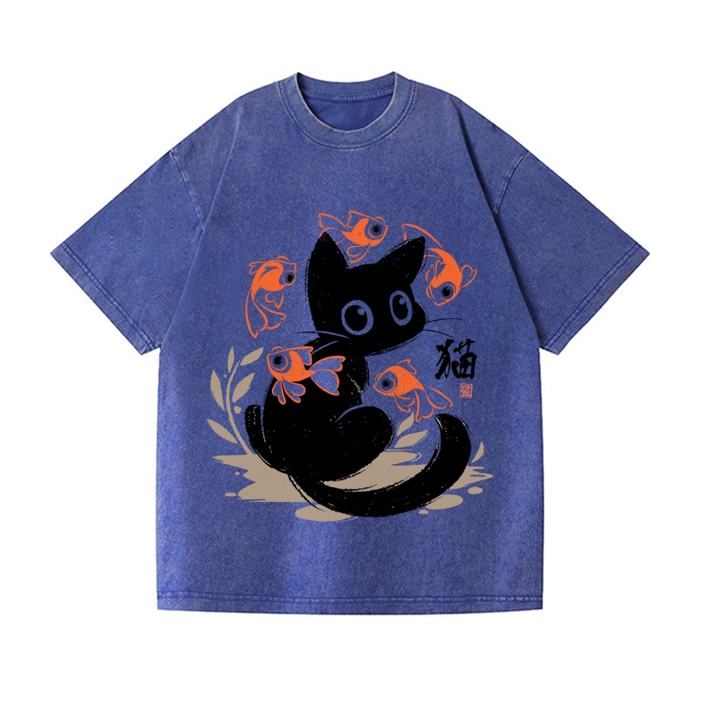 Koi Black Cat Vintage Wash Japanese Design T-Shirt