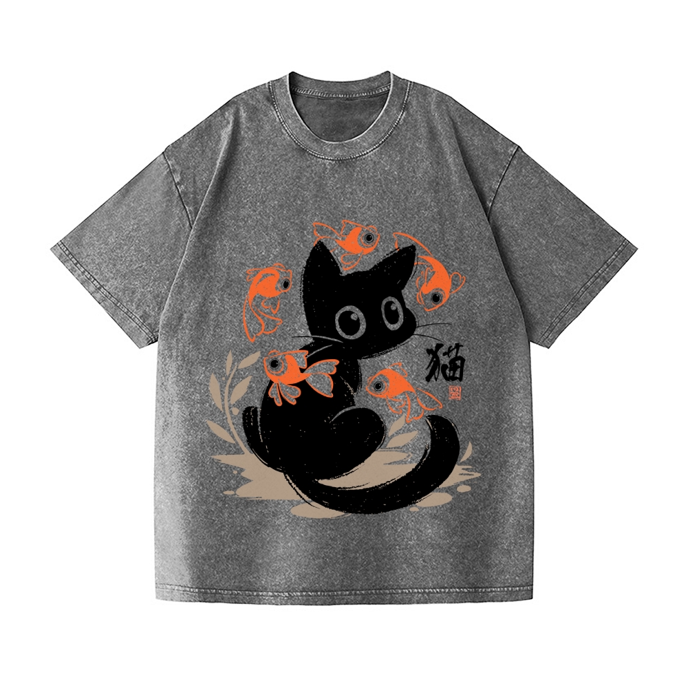 Koi Black Cat Vintage Wash Japanese Design T-Shirt