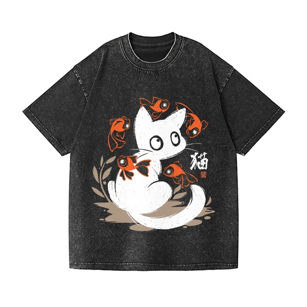 Koi Black Cat Vintage Wash Japanese Design T-Shirt
