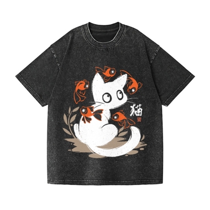 Koi Black Cat Vintage Wash Japanese Design T-Shirt