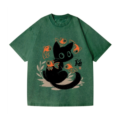 Koi Black Cat Vintage Wash Japanese Design T-Shirt