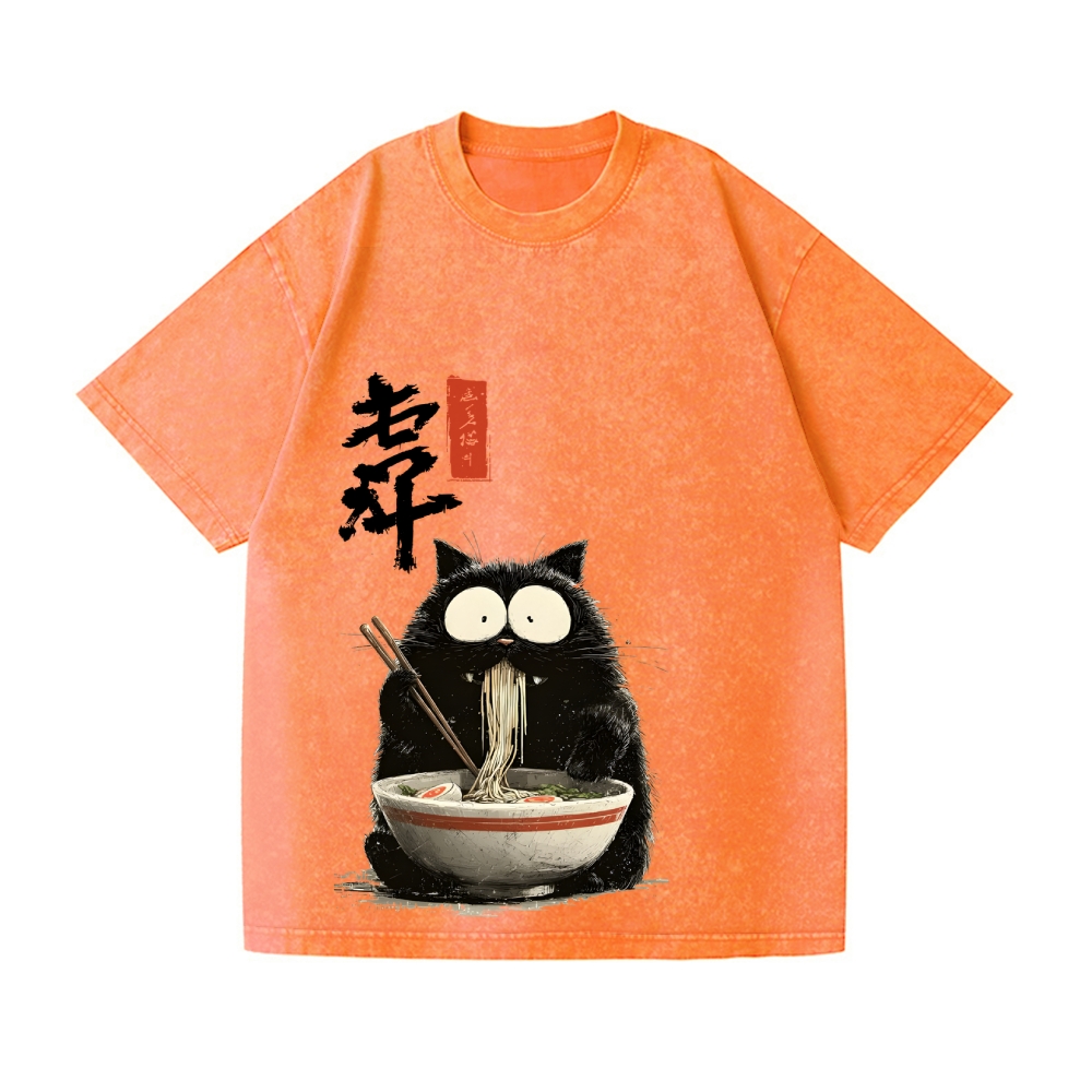 Black Cat Ramen Vintage Wash Japanese Design T-Shirt