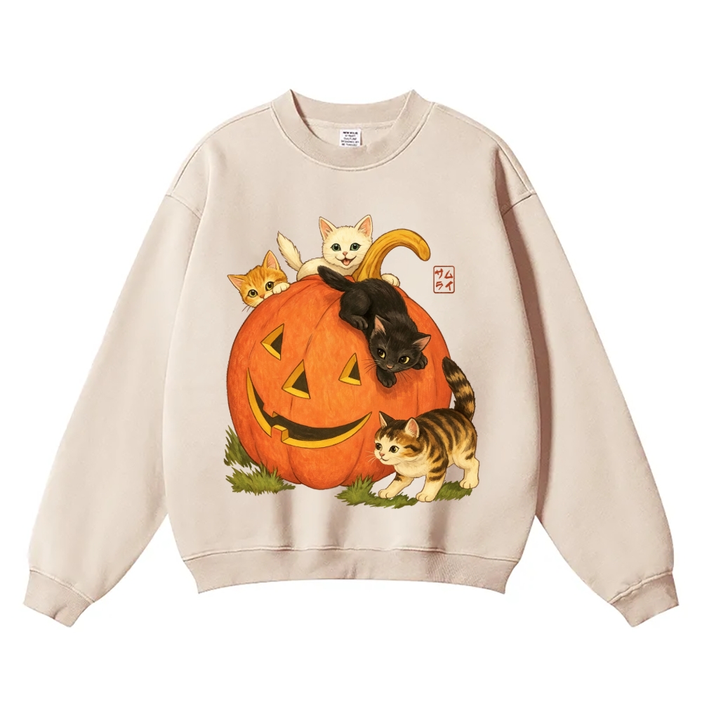Halloween Pumpkin Cat Vintage Cotton Blend Sweatshirt