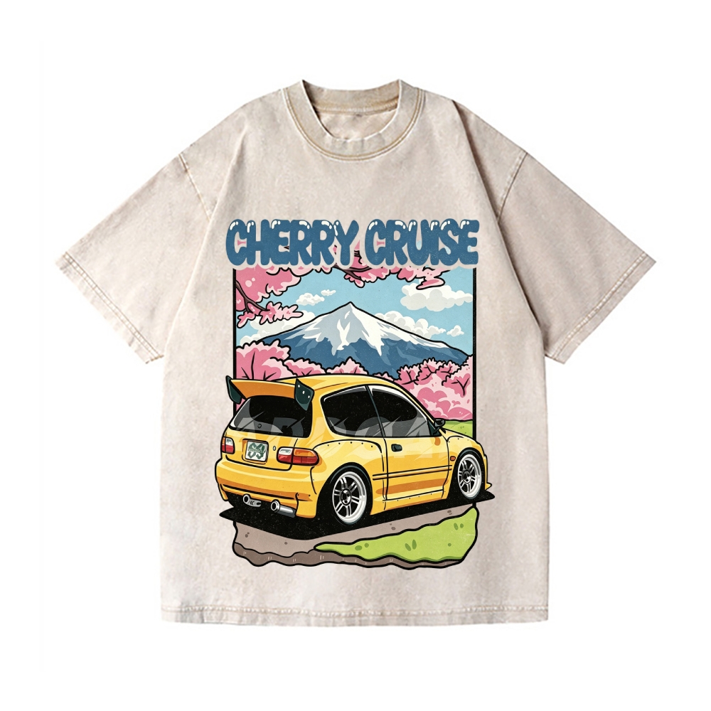 Cherry Cruise Car Fuji Mountain Vintage Wash Japanese Design T-Shirt