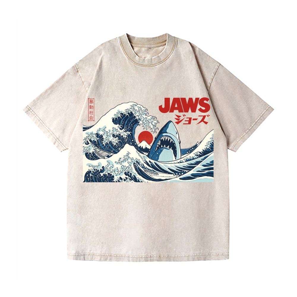 Ukiyoe Wave Shark Vintage Wash Japanese Design T-Shirt