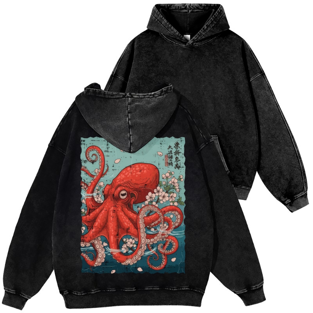 Octopus Vintage Washed Cotton Back Art Hoodie