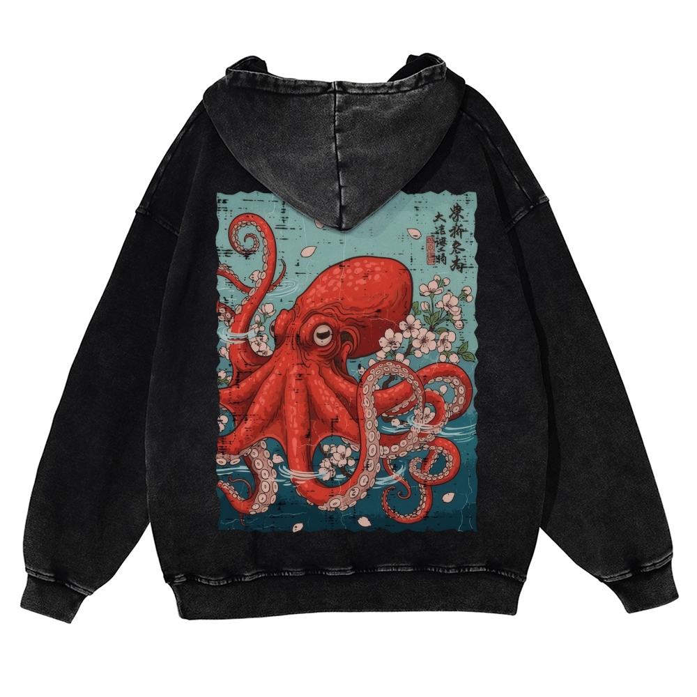 Octopus Vintage Washed Cotton Back Art Hoodie