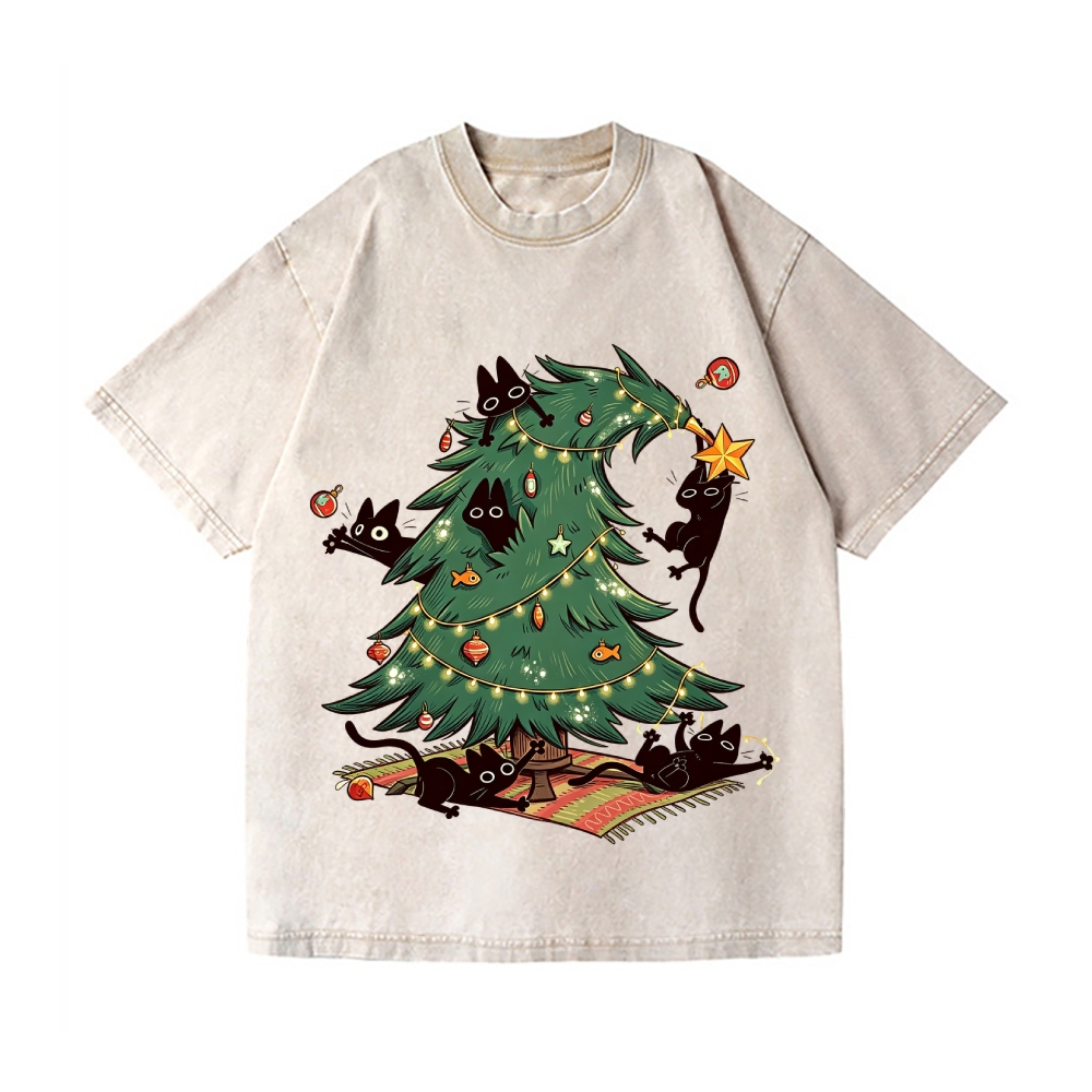 Christmas tree playful Cat Vintage Wash Japanese Design T-Shirt