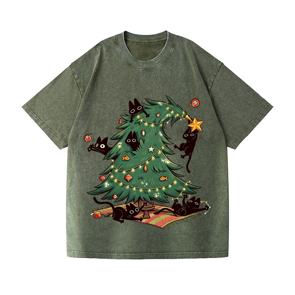 Christmas tree playful Cat Vintage Wash Japanese Design T-Shirt